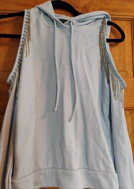 INC International Concepts Light Blue Hooded Sweater with Silver Fringe